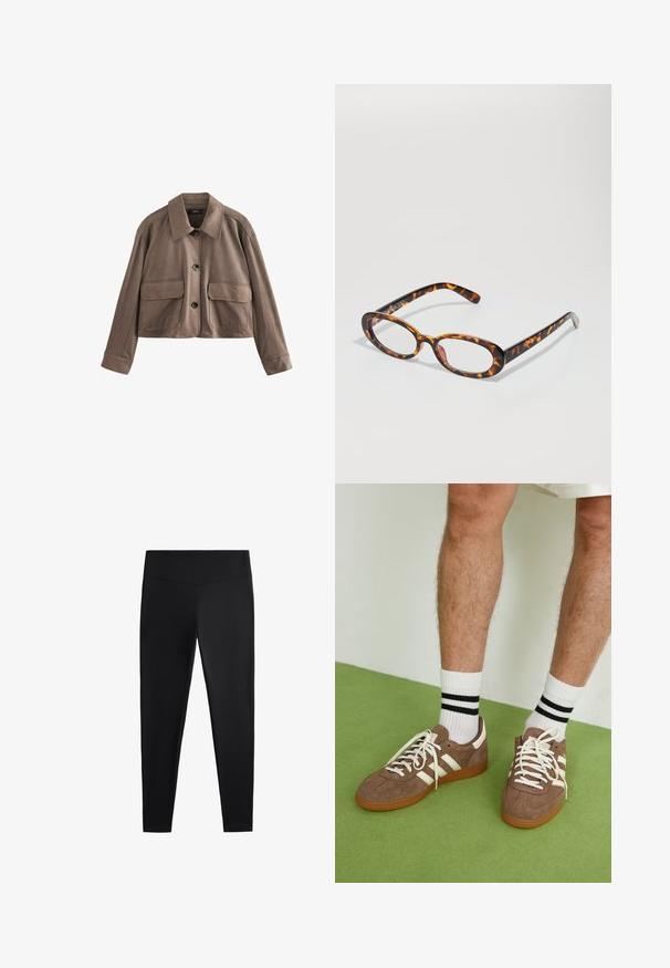 Brown leather cropped jacket with a shirt collar, front button closure, two large flap pockets, and long sleeves with wide cuffs.; White ribbed tank top featuring a black embroidered logo centered on the chest. The neckline and armholes are finished with a subtle binding.; Black leggings made of smooth, stretchy fabric. Features a wide waistband and tapered leg design, suitable for active or casual wear.; Brown suede sneakers with white accents and laces. Rubber gum sole. Worn with white socks featuring black stripes. Green textured flooring.; Tortoiseshell glasses with oval lenses, featuring a glossy finish, slim arms, and subtle patterns resembling a tiger's stripes.; White beaded necklace with a gold clasp, featuring small, irregularly shaped beads and a decorative accent near the closure.