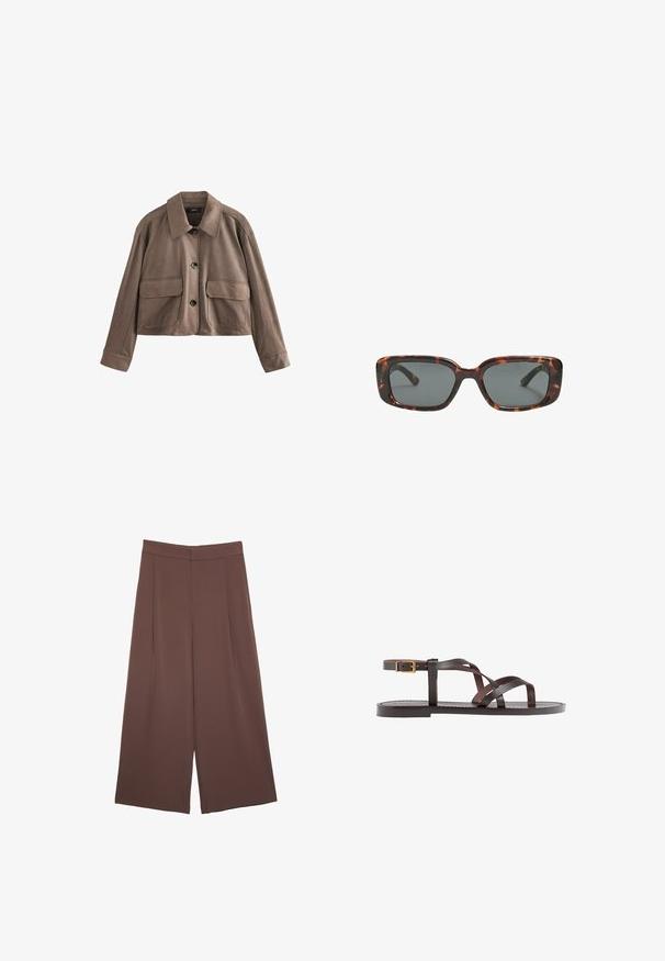 Brązowa skórzana krótką kurtkę z kołnierzykiem, z przodu zapięcia na guziki, dwoma dużymi kieszeniami klapowymi oraz długimi rękawami z szerokimi mankietami.; Brązowy podkoszulek z krótkim rękawem wykonany z miękkiego materiału, z okrągłym dekoltem i luźnym krojem. Gładka struktura bez wzorów czy akcentów.; Brązowe spodnie o szerokich nogawkach z gładką fakturą, z wysokim stanem i plisami z przodu. Materiał jest lekki i luźno opada.; Brązowe skórzane sandały z krzyżującymi się paskami, zapięciem na klamrę przy kostce oraz płaską podeszwą z minimalnymi detalami szycia.; Okulary przeciwsłoneczne w kratkę w kształcie prostokątnym, z grubymi oprawkami i ciemnymi szkłami. Gładka faktura i minimalistyczny design.