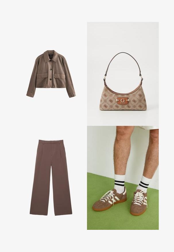 Bruine leren cropped jas met een shirtkraag, sluiting met knopen aan de voorkant, twee grote klepzakken en lange mouwen met brede manchetten.; Beige langemouwtop met een ronde hals en geraffineerde details aan de zijkanten, vervaardigd uit een zachte, gestructureerde stof.; Wijde broek in een effen bruine stof, met een zachte textuur, voorplooien en een op maat gemaakte tailleband. Geen zichtbare logo's of patronen.; Bruine suède sneakers met witte accenten en veters. Rubberen gumzool. Draag met witte sokken met zwarte strepen. Groene gestructureerde vloer.; Tote bag van beige stof met bruine patroonaccenten. Beschikt over een gebogen vorm, enkele strap en een logo plaatje aan de voorkant met zilverkleurige hardware.