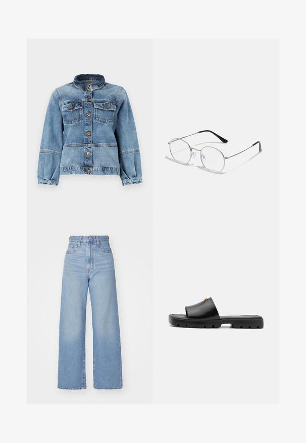 Jaqueta de denim em azul claro com colarinho clássico, fecho frontal com botões, dois bolsos no peito e mangas longas com punhos abotoados.; Top branco sem mangas com alças ajustáveis, design ajustado, textura de tecido suave e decote redondo. Sem padrões ou detalhes de metal.; Jeans de cintura alta e perna larga em azul claro, com fecho frontal de botão e zíper, bolsos frontais e traseiros, sobre um fundo branco.; Mules pretos com uma parte superior em couro liso e mate e uma sola de borracha grossa e texturizada. Destaque para o acabamento em dourado na parte superior. Design simples e aberto.; Óculos de metal redondos com uma armação prateada fina, lentes transparentes e hastes pretas com pontas de borracha para conforto. Design minimalista.