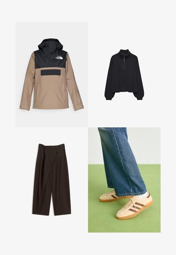 Bež i crna vodootporna jakna s kapuljačom, prednjim džepom i elastičnim manžetama; sadrži logo na prsima i elegantan dizajn.; Crni pulover s visokim ovratom i polu-zipom sprijeda, oversized rukavima i mekanom teksturom. Ima rebrasti ovratnik i rub. Minimalistički dizajn.; Tamno smeđe široke hlače s visokim strukom, s jednim dugmadi na zakopčavanju i pregibom sprijeda. Izrađene od laganog materijala.; Bež tenisice s teksturiranim kremastim panelima i smeškim prugama, u kombinaciji s plavim trapericama. Traperice imaju široke nogavice i poderane rubove.
