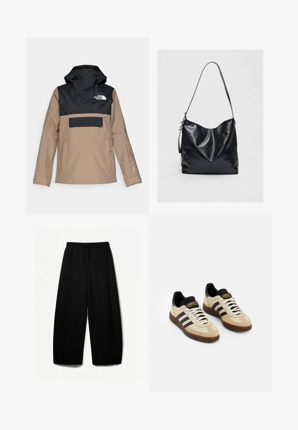 Beige und schwarze wasserdichte Jacke mit Kapuze, Fronttasche und elastischen Bündchen; verfügt über ein Logo auf der Brust und ein elegantes Design.; Helle beige, kurz geschnittene Sweater, aus weichem Strickstoff, mit weitem Ausschnitt, überschnittenen Schultern sowie gerippten Bündchen und Saum.; Schwarze weit geschnittene Hosen mit elastischem Bund und Kordelzug. Weicher Stoff mit glatter Textur. Gerader Schnitt mit Seitennähten.; Beige Wildleder-Sportschuhe mit schwarzen Lederakzenten, weißen Schnürsenkeln und brauner Gummisohle. Drei schwarze Streifen auf jeder Seite.; Schwarze Leder-Schultertasche mit einer weichen, strukturierten Oberfläche. Sie hat ein geschwungenes Design und einen einzelnen verstellbaren Tragegurt. Kein zusätzliches Zubehör.