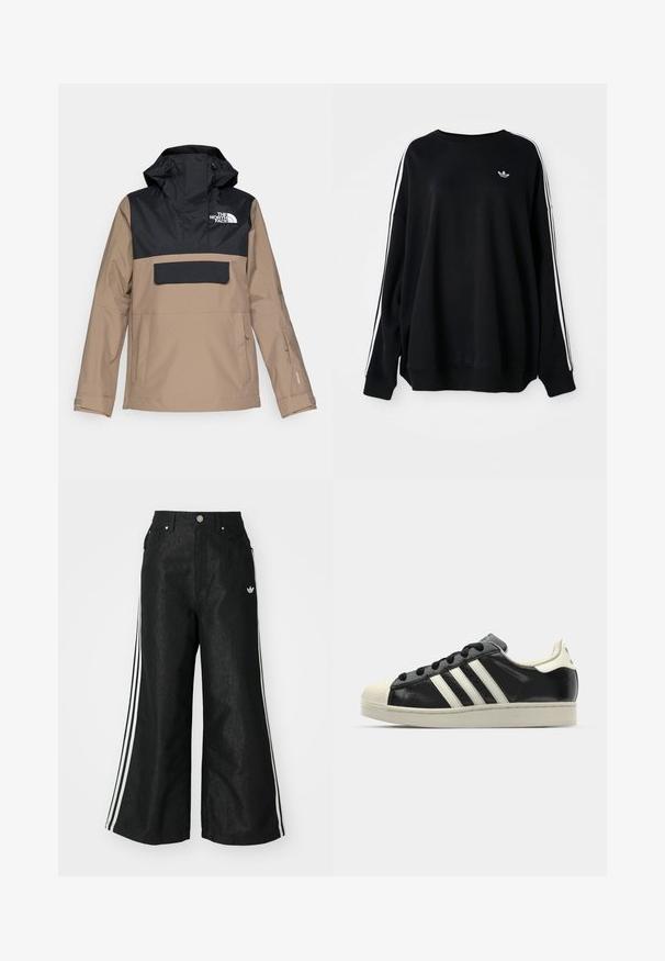 Giacca impermeabile beige e nera con cappuccio, tasca frontale e polsini elasticizzati; presenta un logo sul petto e un design elegante.; Felpa nera oversize in morbido tessuto, con strisce bianche lungo le maniche e un piccolo logo sul petto. Collo tondo.; Pantaloni in denim neri a gamba larga con tre strisce bianche su ciascun lato e un piccolo logo bianco. Presentano tasche frontali e chiusura con bottone.; Sneaker in pelle nera con strisce bianche, punta in gomma, lacci neri e suola di colore crema. Texture liscia con finitura brillante.
