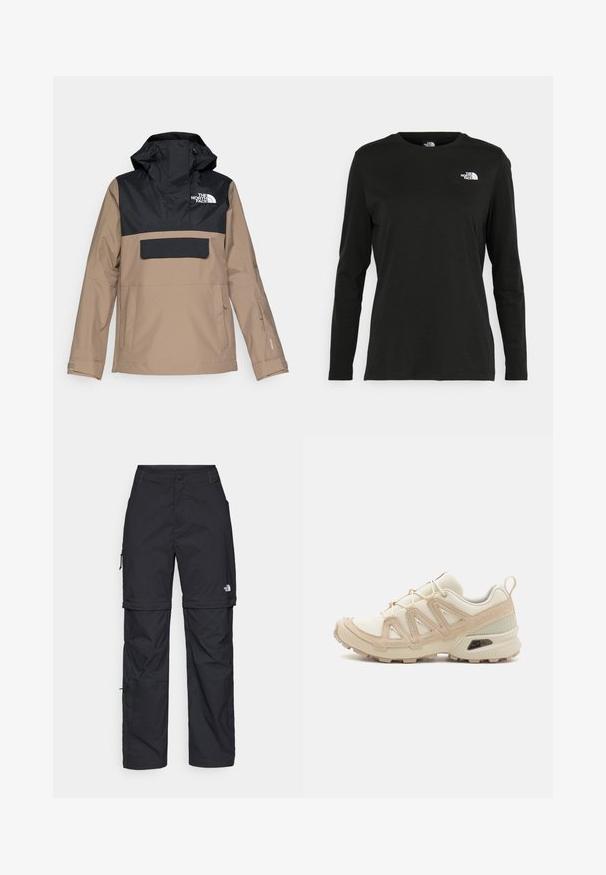 Beige and black waterproof jacket with a hood, front pocket, and elastic cuffs; features logo on chest and a sleek design.; Black long-sleeve t-shirt made of cotton with a round neck. Features a small white logo on the left chest area. Simple design and fit.; Black nylon zip-off cargo trousers with adjustable cuffs, multiple pockets, and a logo on the right leg. Smooth, lightweight texture.; Beige and cream athletic shoe with textured mesh upper, supportive overlays, and rubber outsole featuring a tread pattern for traction.