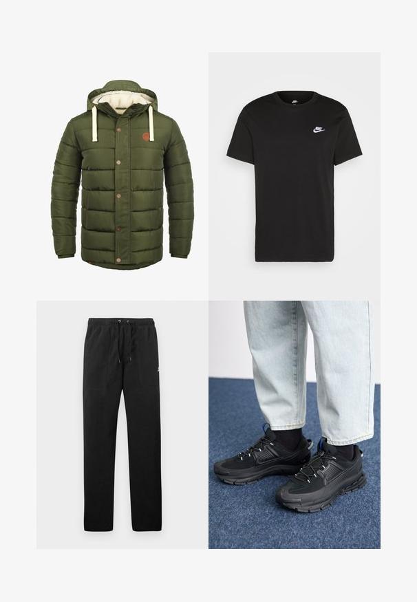 Oliivinvihreä untuvatakki hupulla, jossa on fleecevuori, tikattu muotoilu, napit edessä ja sivutaskut.; Mustapaita, jossa on lyhyet hihat, pyöreä kaula-aukko ja pieni valkoinen Nike-logo vasemmassa ylärinnassa. Sileä rakenne. Klassinen malli.; Mustat collegehousut, jotka on valmistettu fleece-materiaalista ja joissa on joustava vyötärö, jossa on kiristysnyörit, kaksi etutaskua ja pieni logo reidessä.; Mustat urheilukengät, joissa on teksturoitu kangas ja kumipohjat, elastiset nauhat ja sininen yksityiskohta kannassa. Yhdistetty vaaleisiin farkkuihin.