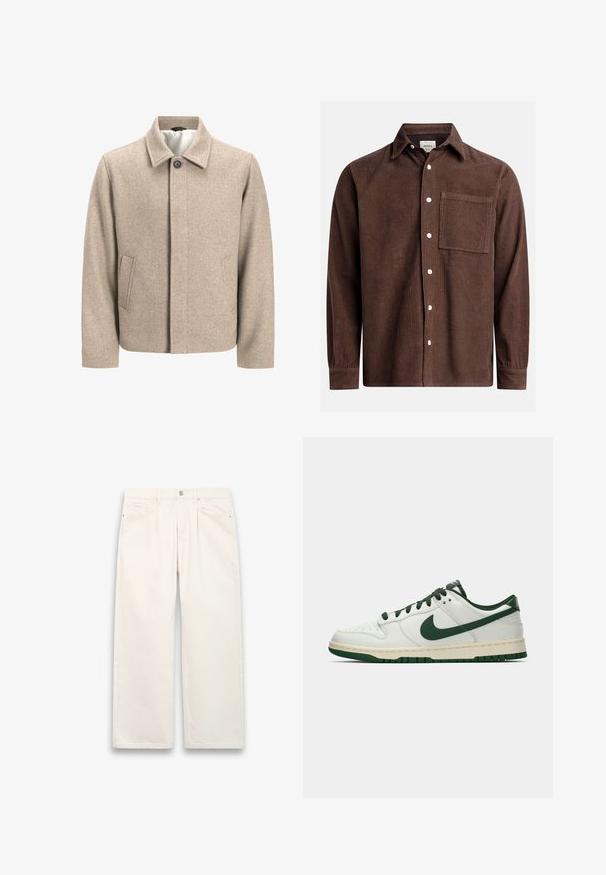 Beige ulljakke med en enkelt svart knapp ved kragen, skjult frontlukking og skrå sidelommer, foret med lett stoff.; Brun kordfløyelskjorte med knapper i kragen, frontlomme, hvite knapper og lange ermer med knapper på mansjettene. Teksturert stoffdetalj.; Hvite vide denimjeans med knappestolpe, fem lommer og subtile stikninger. Rent og minimalistisk design.; Hvit lav sneaker med mørkegrønn Nike swoosh, snøring og såleakkenter, vist i profil mot en enkel hvit bakgrunn.