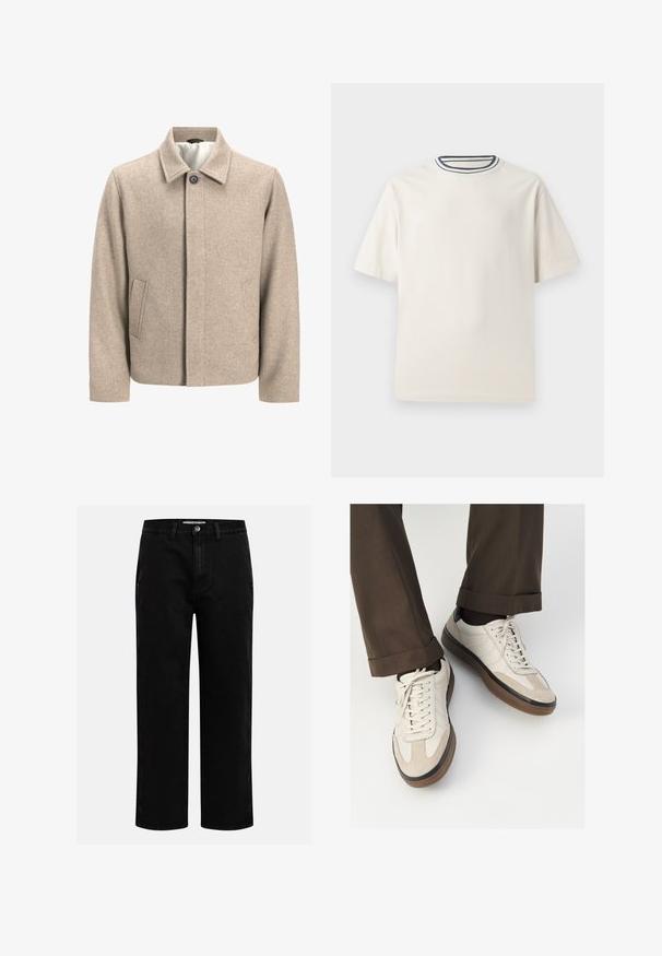 Beige wool jacket with a single black button at the collar, concealed front closure, and slanted side pockets, lined with light fabric.; Cream-colored cotton t-shirt with short sleeves, featuring a round neckline accented by navy and white stripes. Smooth texture, relaxed fit.; Black denim pants with a straight-leg cut, classic five-pocket design, and a button closure at the waist. Smooth texture and durable fabric.; Beige sneakers with a textured suede front, smooth leather sides, and a brown rubber sole. Laces and light stitching detail included.