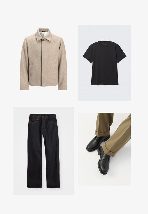 Jachetă bej din lână cu un singur buton negru la guler, închidere frontală ascunsă și buzunare laterale înclinate, căptușită cu un material ușor.; Tricou negru cu mânecă scurtă, din bumbac. Are un decolteu tip crew și o croială lejeră. Design simplu, fără modele sau accente vizibile.; Jeans negri din denim pentru bărbați, cu croială dreaptă, cinci buzunare și cusături portocalii, închidere cu nasture și fermoar pe talie.; Pantofi negri din piele cu un finisaj neted, dotati cu sireturi si varf rotunjit, asortați cu pantaloni kaki rulați.