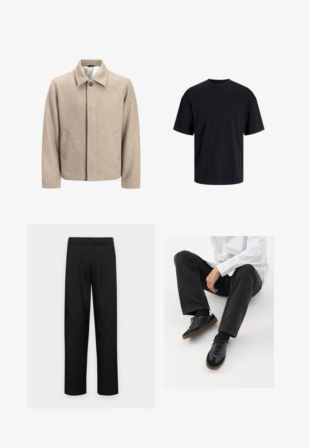Beige wol jack met een enkele zwarte knop op de kraag, verborgen sluiting aan de voorkant en schuine zijzakken, gevoerd met lichte stof.; Zwarte katoenen t-shirt met een ronde halslijn, korte mouwen en een relaxte pasvorm. Glad textuur en geen zichtbare patronen of accenten.; Zwarte broeken van gladde stof, met een recht model, twee voorknikken en een standaard tailleband met riemlussen.; Zwarte sneakers met een glad en textuur detail, voorzien van een rubberen zool en donkere veters. Gecombineerd met zwarte jeans en een wit gestreept shirt.