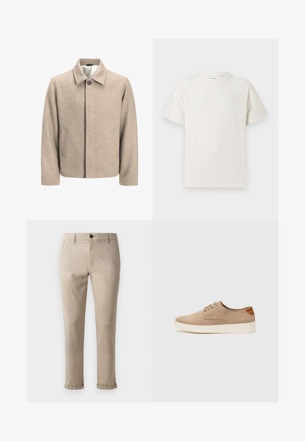 Kreem värvi villane jakk, millel on kaeluses üks must nööp, peidetud esine sulgemine ja kaldus küljetaskud, kaetud kerge kangaga.; Valge lühikeste varrukatega T-särk ribakudumises. Ümar kaelus, mugav lõige, nähtavad mustrid ega aksessuaarid puuduvad. Lihtne ja mitmekesine disain.; Jack & Jones JPSTMARCO FURY - Chino-püksid - atmosphere; Beežid nahast tossud ümarate varvastega, paeltega esiosa ja tekstuuriga tagakontuuriga. Valge kummist tallapakkumine loob kontrasti. Lihtne ja kaasaegne disain.
