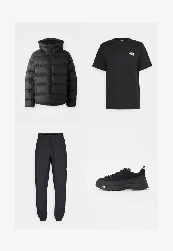 Czarna kurtka puchowa z zamkiem błyskawicznym z przodu, kapturem i poziomymi przeszyciami. Posiada teksturowaną powierzchnię oraz akcent z logo na piersi.; Czarna bawełniana koszulka z krótkimi rękawami, okrągłym dekoltem i małym białym logo na lewej piersi. Prosty design, gładka faktura i luźny krój.; Czarne spodenki sportowe wykonane z lekkiego materiału, z elastycznym pasem na sznurek, bocznymi kieszeniami i zwężanymi mankietami przy kostkach.; Czarne sneakersy outdoorowe z zamszowym wierzchem, teksturowaną gumową podeszwą i solidnym systemem sznurowania. Posiadają wzmocnioną piętę oraz logo marki na boku.