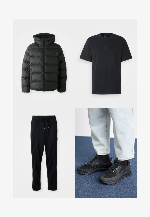 Czarna kurtka puchowa z zamkiem błyskawicznym z przodu, kapturem i poziomymi przeszyciami. Posiada teksturowaną powierzchnię oraz akcent z logo na piersi.; Czarny bawełniany t-shirt Nike z klasycznym okrągłym dekoltem, krótkimi rękawami oraz subtelnym, wytłoczonym logo na piersi. Gładka tekstura.; Czarne spodnie casualowe z gumką w pasie, z kieszeniami wszytymi po bokach i prostym krojem na jednolitym tle.; Czarne buty sportowe z teksturowanej tkaniny i gumowymi podeszwami, z elastycznymi sznurówkami i niebieskim akcentem na pięcie. Noszone z jasnymi dżinsami.