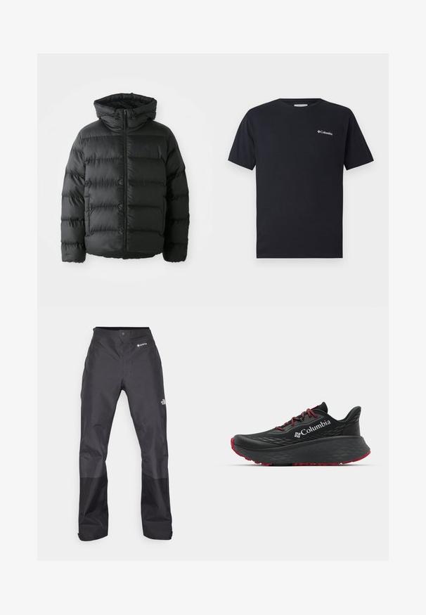 Crna puffer jakna s patentnim zatvaračem sprijeda, kapuljačom i prošivenim horizontalnim dijelovima. Ima teksturiranu površinu i logo akcent na prsima.; Crna kratki rukav majica od pamuka, s malim bijelim Columbia logotipom na lijevoj strani prsnog područja. Klasičan okrugli izrez i opušteni kroj.; Crne vodootporne hlače s glatkom teksturom, s GORE-TEX logotipom sprijeda i ojačanim donjim dijelovima nogavica za izdržljivost.; Crne sportske cipele s teksturiranim gornjim dijelom, crvenim vezicama i logom. Debeli đon s uzorkom za prianjanje. Minimalistički dizajn, bočni prikaz.