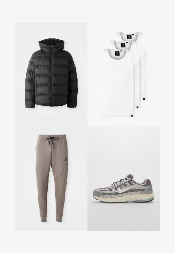 Giubbotto a sacco nero con chiusura frontale a zip, cappuccio e sezioni orizzontali cucite. Presenta una superficie testurizzata e un accento con logo sul petto.; Tre canotte bianche a coste in cotone. Presentano un colletto rotondo e piccole etichette nere vicino all'orlo. Disponibile in diverse taglie.; Pantaloni sportivi Nike grigi con cintura regolabile, gambe affusolate, tasche laterali e dettagli di cucitura distintivi. Tessuto morbido e texture.; Scarpa sportiva grigia con tomaia in mesh e suede, dettagli bianchi, suola ammortizzata e un design distintivo con elementi riflettenti.