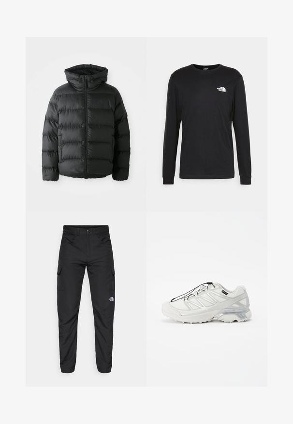 Casaco puffer preto com fecho frontal em zip, capuz e secções horizontais cosidas. Apresenta uma superfície texturizada e um detalhe de logo no peito.; Camisola de manga longa preta feita de algodão, com um logo branco no lado esquerdo do peito e punhos canelados. Textura suave com decote redondo.; The North Face HORIZON PANT - Calças para exterior - black; Sapato atlético branco com parte superior em malha texturizada, detalhes refletivos e sola amortecida. Apresenta atacadores elásticos e detalhes em cinza.