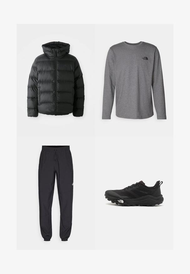 Schwarze Steppjacke mit Reißverschluss, Kapuze und gesteppten horizontalen Abschnitten. Hat eine strukturierte Oberfläche und ein Logo-Detail auf der Brust.; The North Face M L/S SIMPLE DOME TEE - Langarmshirt - medium grey heather; Schwarze Sporthosen aus leichtem Stoff, mit einem Kordelzugbund, seitlichen Taschen und schmal zulaufenden Bündchen an den Knöcheln.; Schwarzer Trailrunning-Schuh mit strukturiertem Obermaterial, Gummisohle und verstärkter Zehenkappe. Verfügt über einen gepolsterten Kragen und eine Ziehlasche für einfaches Anziehen.
