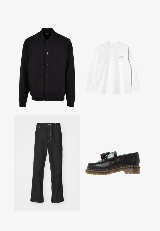 Černá bomber bunda vyrobená z měkké tkaniny bez límce, s uzávěrem na patentky a dvěma bočními kapsami. Obsahuje žebrované manžety a lem.; Bílý bavlněný tričko s dlouhými rukávy a kulatým výstřihem, na levé části hrudi se nachází malé logo v žluté a burgundské barvě. Bezšvové manžety a lem.; Černé denimové džíny s volným střihem, s kontrastním bílým prošíváním, zapínáním na knoflík a rovnými nohavicemi.; Černé kožené mokasíny s texturovaným povrchem, zdobené dekorativním třásněm a kontrastním žlutým prošíváním, na robustní průhledné podrážce.