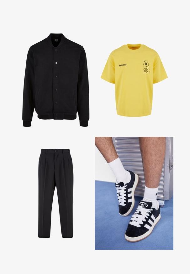 Jacket bomber neagră, fabricată dintr-un material moale, cu un design fără guler, închidere cu nasturi tip snap și două buzunare laterale. Prezintă manșete și tiv ribbed.; Tricou din bumbac galben, cu guler rotund, mâneci scurte, având text imprimat în negru "Reternity" și numerele "18" cu un accent decorativ.; Pantaloni negri cu un design față plisată, fabricați dintr-un material neted. Prezintă un închidere cu nasture și brâuri; croială dreptă.; Adidași negri din suede cu șireturi albe și trei dungi albe. Au un logo circular negru pe limbă și o talpă din cauciuc de tip gumă.