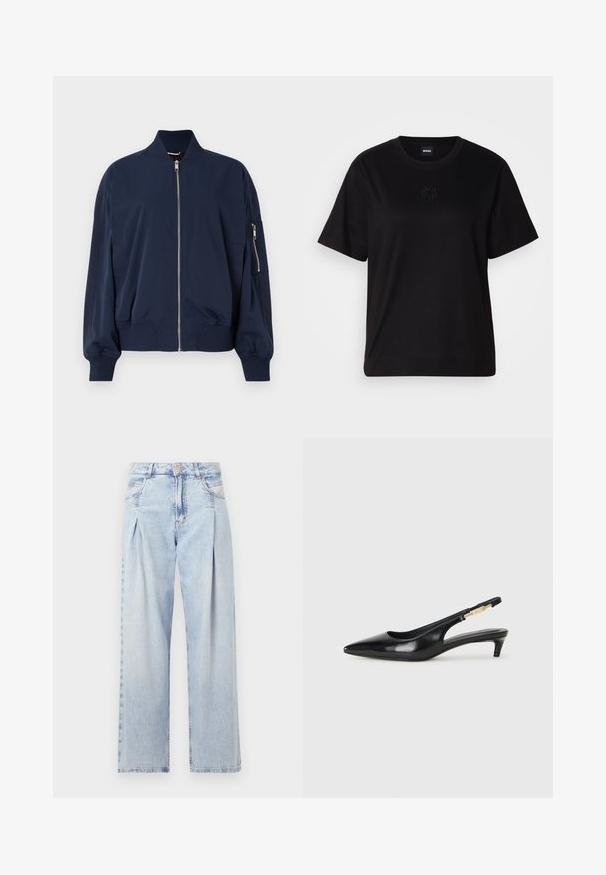 Μπλέ ναυτικό bomber τζάκετ με ριχτό γιακά και μανίκια, φερμουάρ μπροστά, πλαϊνές τσέπες και μια επιπλέον τσέπη με φερμουάρ στο μανίκι.; Μαύρο βαμβακερό μπλουζάκι με στρογγυλή λαιμόκοψη, κοντά μανίκια και κεντημένο λογότυπο στο στήθος. Απλή, χαλαρή γραμμή χωρίς σχέδια.; Ανοιχτό μπλε τζιν παντελόνι με ψηλή μέση, φαρδιά γραμμή, δύο πλαϊνές τσέπες και σχέδιο με πτυχώσεις. Μαλακή υφή με ξεθωριασμένο φινίρισμα.; Μαύρες δερμάτινες γόβες slingback με μυτερή μύτη, διαθέτοντας λεπτό τακούνι και χρυσή λεπτομέρεια στην ρυθμιζόμενη λωρίδα. Λείος υφές.