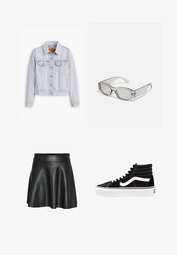 Light blue denim jacket with button closure, two chest pockets with flaps, side pockets, and a collar, laid flat on white background.; Two sleeveless tops in black and white, made of ribbed cotton, featuring round necklines and a fitted design. Labels visible on both.; Black faux leather skirt with a flared A-line design, featuring a smooth, shiny texture and a fitted waistband.; Black high-top sneakers with white laces, a white logo, and contrasting white stitching. Features a thick white sole and textured suede upper.; Gray translucent sunglasses with a rectangular shape, flat lenses, and thick arms. Features a subtle hinge detail on the temples.