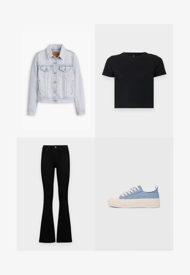 Light blue denim jacket with button closure, two chest pockets with flaps, side pockets, and a collar, laid flat on white background.; Black short-sleeve t-shirt made from soft cotton. Features a round neckline and a fitted design. Smooth texture without patterns or accents.; Black high-waist jeans with a button and zip closure, front pockets, and flared legs laid flat on a white background.; Light blue canvas sneakers with a cream rubber toe cap and outsole, featuring white laces and a pull tab on the heel.