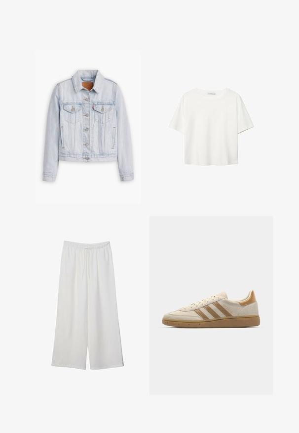 Svetlomodrá džínsová bunda so zapínaním na gombíky, dvoma náprsními vreckami s chlopňami, bočnými vreckami a golierom, leží položená na bielom pozadí.; Biela krátkopsová tričko vyrobené z bavlny. Má okrúhly výstrih a voľný strih. Hladká textúra bez viditeľných vzorov alebo akcentov.; Biele široké nohavice z ľahkého materiálu s elastickým pásom a šnúrkou na nastavenie veľkosti. Hladká textúra.; Béžové semišové tenisky s svetlohnedými akcentmi. Obsahujú tri hnedé pruhy, štruktúrovanú gumovú podrážku a zaoblený dizajn špičky.