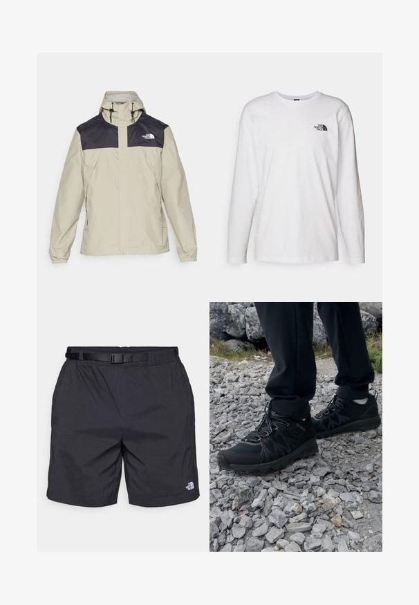 The North Face M ANTORA JACKET - Giacca hard shell - clay grey/black; T-shirt bianco a maniche lunghe in cotone con colletto rotondo. Presenta un piccolo logo nero sul petto. Texture liscia, vestibilità regolare.; Pantaloni corti neri leggeri con una vestibilità comoda, dotati di una cintura regolabile, tasche laterali e il logo The North Face sulla parte inferiore della gamba destra.; Scarpe da esterni nere realizzate in mesh e materiale sintetico, con una parte superiore testurizzata, un sistema di allacciatura sicuro e una suola robusta, su terreno roccioso.