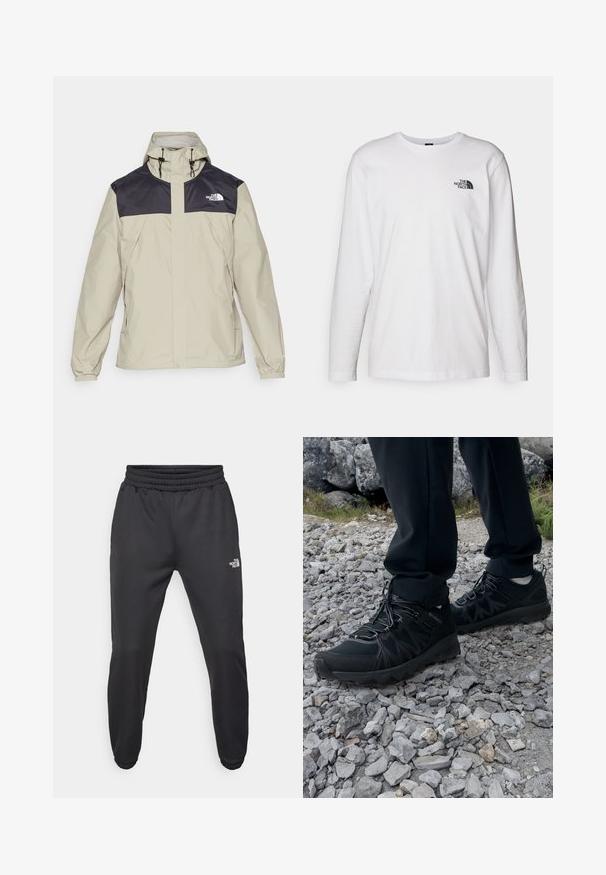The North Face M ANTORA JACKET - Hardshell jacket - clay grey/black; White long-sleeve T-shirt made of cotton with a crew neck. Features a small black logo on the chest. Smooth texture, regular fit.; Black sweatpants with a drawstring waist, tapered fit, elastic cuffs, and a small white logo on the left thigh, made from smooth fabric.; Black outdoor shoes with mesh and synthetic material, featuring a textured upper, secured lacing system, and a rugged outsole, on rocky terrain.