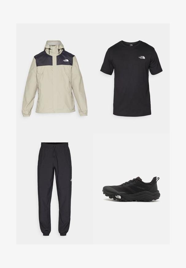 The North Face M ANTORA JACKET - Cieta auduma jaka - clay grey/black; Melna īsām piedurknēm T-krekls, kas izgatavots no kokvilnas, ar apaļu dekoltē un nelielu baltu logotipu augšējā kreisajā krūtīs.; Melni sporta bikses, kas izgatavotas no viegla auduma, ar savelcamu jostu, sānu kabatām un sašaurinātiem apakšējiem galiem pie potītēm.; Melnas taku skriešanas kurpes ar teksturētu virsu, gumijas zoli un pastiprinātu pirkstu daļu. Aprīkotas ar mīkstu apkakli un vilkšanas cilpu, lai viegli uzvilktu.