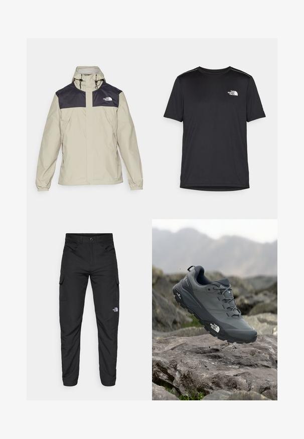 The North Face M ANTORA JACKET - Hardshell bunda - clay grey/black; Čierne tričko s krátkym rukávom vyrobené z ľahkej tkaniny. Obsahuje malé biele logo na ľavej hrudi a jemné akcenty na pleciach.; The North Face HORIZON PANT - Outdoorové nohavice - black; Šedá trailová bežecká obuv s textúrovaným zvrškom, odolnou gumovou podrážkou a vystuženou špičkou. Obsahuje šnúrky a logo značky na boku.