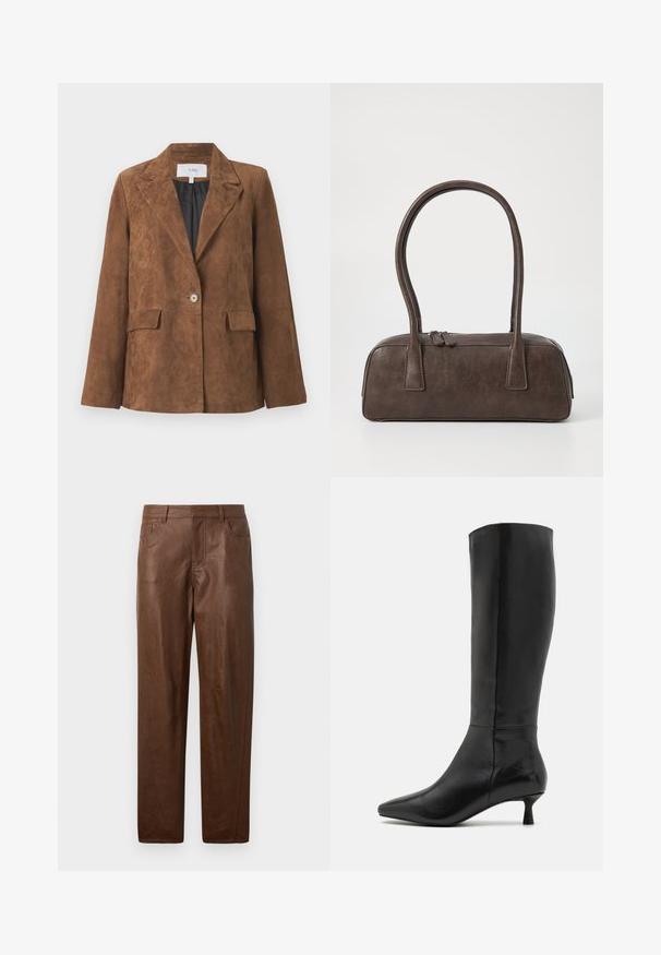 Brun suedepå jakke med en skarp krage, én knappåpning, to frontlommer og en glatt innerforing. Klassisk skreddersydd design.; Svart høyhalset genser laget av ribbestrikket stoff. Lange ermer, tettsittende design og en litt avslappet kant uten synlige mønstre eller beslag.; Brune skinnbukser med en jevn tekstur, rett ben design og to sidelommer. Har synlige sømdetaljer.; Zign Støvler - black; Brun lærveske med to robuste håndtak, rektangulær form, jevn tekstur og glidelås. Minimalistisk design uten synlige mønstre.