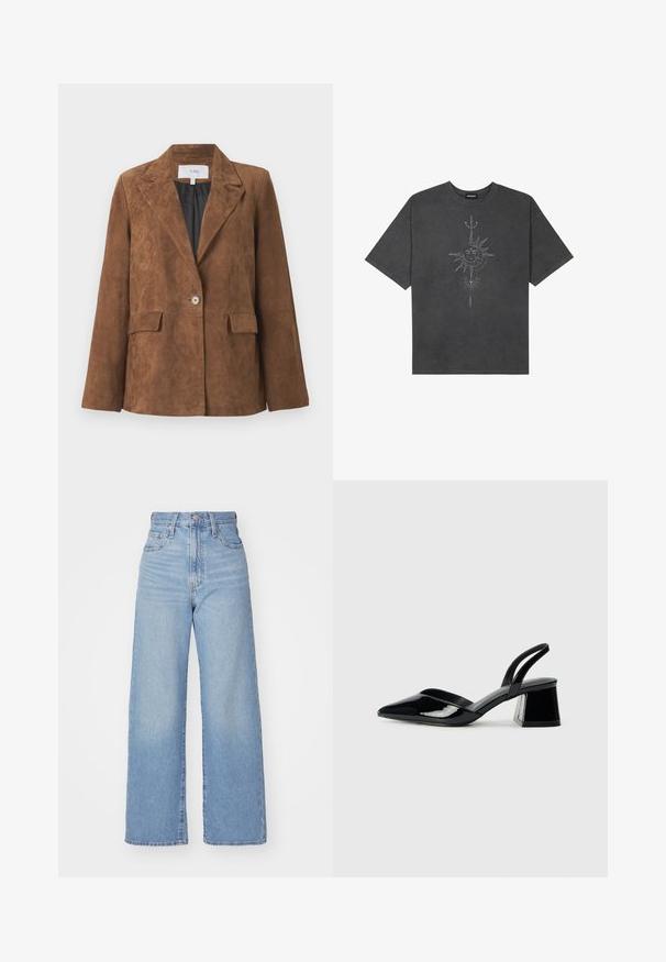 Brun ruskind blazer med en skarp krave, enkelt knaplukning, to forlommer og en glat inderside. Klassisk skræddersyet design.; Mørkegrå oversized t-shirt lavet af bomuld, med et centralt solgrafik med indviklede linjedetaljer trykt på forsiden.; Lyseblå højtaljede bukser med bred benåbning, med frontknap og lynlås, samt for- og baglommer, på en hvid baggrund.; Sorte patentlæder slingback hæle med spids tå og en geometrisk blok hæl. Har et elegant, minimalistisk design og en glat tekstur.