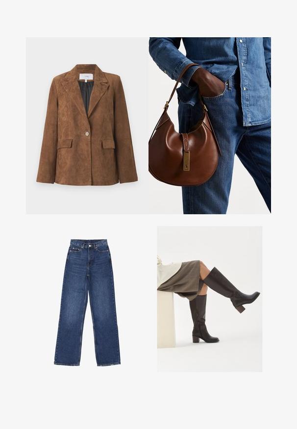Bruine suède blazer met een scherpe kraag, sluiting met één knop, twee voorzakken en een gladde voering. Klassiek op maat gemaakt ontwerp.; Twee mouwloze geribbelde coltruien in bruin en zwart, weergegeven op een effen witte achtergrond.; Wijde spijkerbroek in blauwe denim met hoge taille, voorzien van een knoopsluiting, vijf zakken en subtiele vervaging op de stof.; Bruine leren laarzen tot de knie met een vierkante neus, stevige hak en zijrits. Gladde textuur met een gepolijste afwerking.; Bruine leren hobo tas met een rondvorm, voorzien van een gouden hardwareaccent en contrasterende stiksels. Gecombineerd met een denim shirt en jeans.