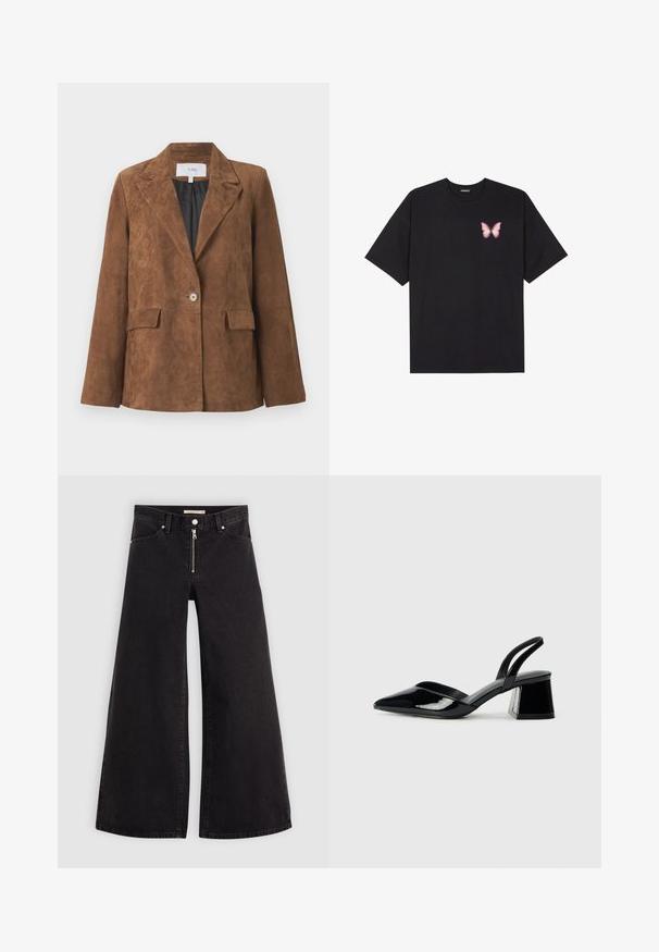 Brown suede blazer featuring a sharp collar, single button closure, two front pockets, and a smooth inner lining. Classic tailored design.; Black cotton t-shirt with short sleeves, featuring a small pink butterfly graphic on the left chest. Crew neck design with a relaxed fit.; Wide-leg jeans in black denim with a zippered front, five-pocket design, and subtle stitching details. Smooth texture and casual style.; Black patent leather slingback heels with a pointed toe and a geometric block heel. Features a sleek, minimal design and smooth texture.