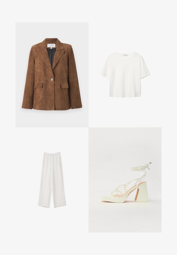 Smeđa suđena blazer jakna s oštrim ovratnikom, jednim dugmetom, dva prednja džepa i glatkim unutarnjim podstavom. Klasičan kroj.; Bijela majica kratkih rukava od pamuka. Ima okrugli izrez i opušteni kroj. Glatka tekstura bez vidljivih uzoraka ili naglasaka.; Bijele hlače širokih nogavica napravljene od lagane tkanine. Imaju elastičan pojas s ušicom i bočne džepove. Glatka tekstura.; Bijela sandala na visokoj potpetici s debelim petom, s remenom i vezanjem oko gležnja. Glatka tekstura s platformom sprijeda za dodatnu visinu.