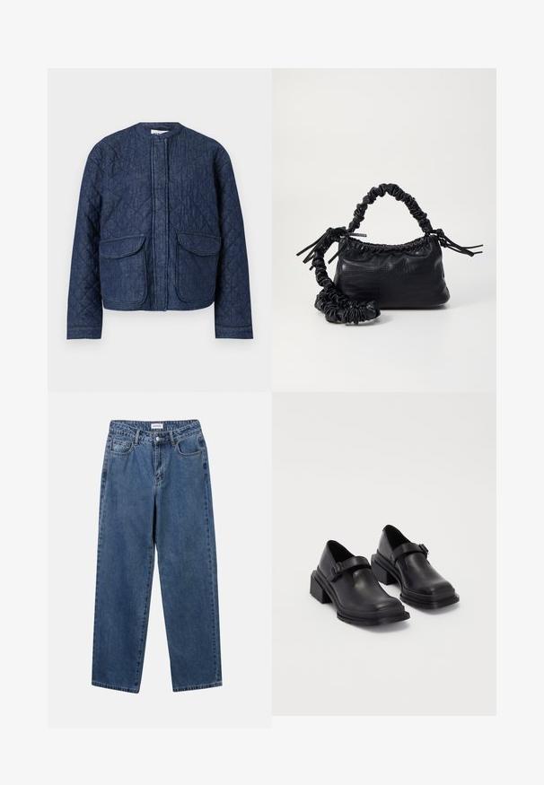 Krpena traper jakna u tamnoplavoj boji. Ima okrugli izrez, prednji zatvarač i dvije velike preklopne džepove. Glatka tekstura s vidljivim šavovima.; Bijela pletiva s uzorkom, dugih rukava, okruglog izreza, s ukrasnim bisernim detaljem na ovratniku. Mekana tekstura i prilagođeni dizajn.; Klasične plave traperice s ravnim nogavicama, pet džepova i dugmadom za zatvaranje. Imaju srednje pranje i čvrstu teksturu.; Crne kožne cipele s okruglim vrhom, ravnim đonom i remenom s detaljem kopče. Debeli blok peti za dodatnu stabilnost.; Crna torba od umjetne kože s teksturom krokodila, s cinčanim vrhom i naboranom trakom. Izgleda mekano i kompaktno u dizajnu.