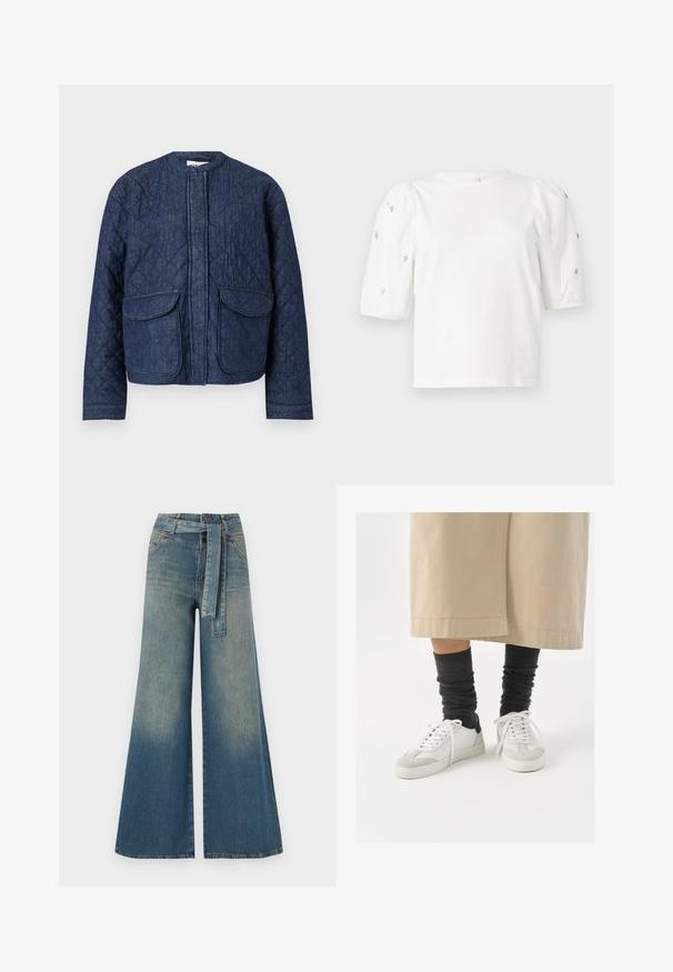 Quiltad denimjacka i mörkblått. Har rund halsringning, dragkedja framtill och två stora bröstfickor. Slät yta med synliga sömmar.; Vit bomulls t-shirt med korta puffärmar, prydd med små silverdetaljer längs ärmarna. Klassisk rund halsringning, avslappnad passform.; Breda denimbyxor med en ljus till mörkblå gradient, hög midja, bälteshällor och ett matchande tygbälte. Texturerad denimfinish.; Vita och grå sneakers med en svart hälaccent, med en slät läderövre och en texturerad mocka tå. Bärs med mörkgrå slappa strumpor.