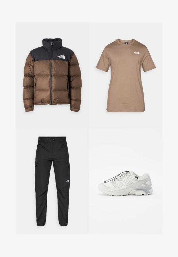 Brown puffer jacket with a black insulated upper section, featuring a high collar, front zipper, and logo on the left chest.; Short-sleeve, light brown cotton t-shirt featuring a small white logo on the chest. Classic crew neck, smooth texture, and standard fit.; The North Face HORIZON PANT - Outdoor trousers - black; White athletic shoe with a textured mesh upper, reflective accents, and a cushioned sole. Features elastic laces and gray detailing.