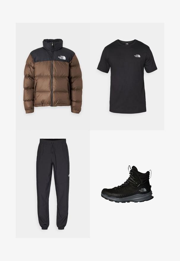 Brown puffer jacket with a black insulated upper section, featuring a high collar, front zipper, and logo on the left chest.; Black short-sleeve t-shirt made of cotton, featuring a round neckline and a small white logo on the upper left chest area.; Black athletic pants made from lightweight fabric, featuring a drawstring waistband, side pockets, and tapered cuffs at the ankles.; The North Face VECTIV FASTPACK INSULATED WP - Hiking shoes - tnf black vanadis grey