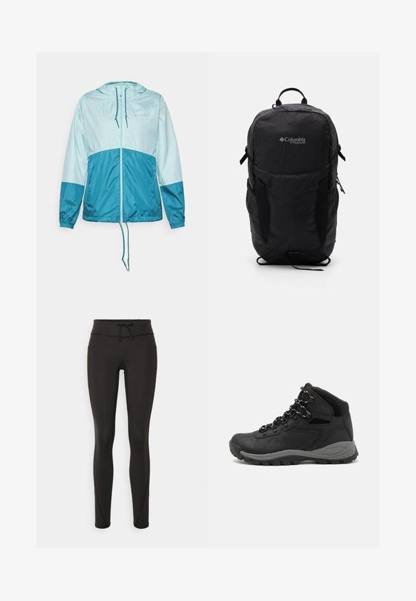 Columbia FLASH FORWARD™ - Windbreaker - spray/river blue; Black Columbia t-shirt with white circular mountain and river line art and text "Columbia Sportswear Company Outside Since 1938."; Black leggings with a high waistband, drawstring, smooth texture, and fitted design. Features stitching details along the sides.; Black hiking boot with a mid-top design, featuring a textured upper, gray accents, and durable rubber sole with traction lugs.; Black Columbia Titanium backpack with a smooth fabric texture, side pockets, top handle, and adjustable straps. Minimalist design with subtle branding.