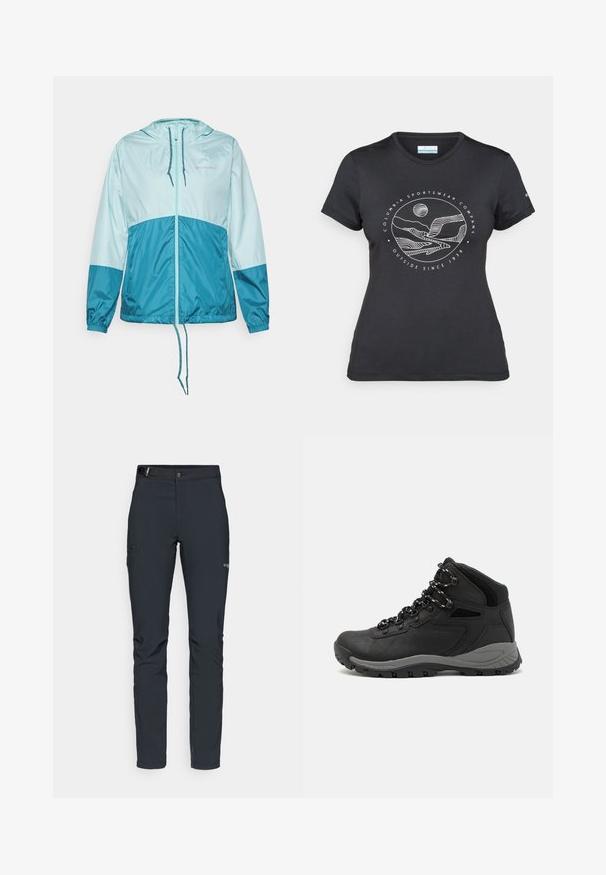 Columbia FLASH FORWARD™ - Vindjakke - spray/river blue; Svart Columbia t-skjorte med hvit sirkulær fjell- og elvlinjekunst og tekst "Columbia Sportswear Company Outside Since 1938."; Herre utendørsbukser, mørkegrå, laget av fleksibelt materiale, med belte, glidelåslommer og forsterkede sømmer.; Sorte turstøvler med mid-topp design, som har en teksturert overdel, grå detaljer og slitesterk gummisåle med godt grep.