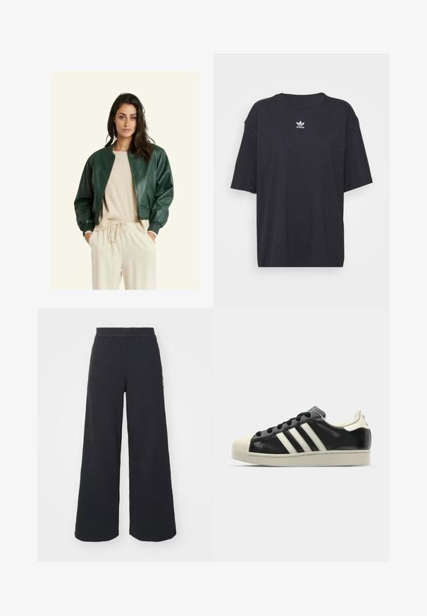 Veste bomber en cuir vert avec des poignets et un ourlet côtelés, fermeture éclair, portée sur un pull en tricot beige et un pantalon clair. Texture lisse.; T-shirt en coton noir à manches courtes, col rond, avec un logo Adidas blanc sur la poitrine. Design simple, coupe décontractée.; Pantalons de survêtement larges noirs en tissu doux, dotés d'une taille élastique et d'un petit logo sur le côté gauche.; Baskets en cuir noir avec des rayures blanches, embout en caoutchouc, lacets noirs et semelle extérieure crème. Texture lisse avec une finition brillante.