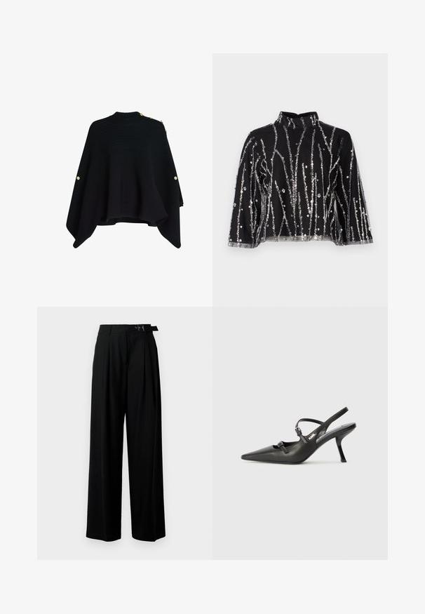 Juodas megztas pončas su aukštu kaklu, su aukso atspalvio mygtukais ant vieno peties ir išplatėjančia, asimetriška apačia.; Juodas trumpas viršus su aukštu kaklu, papuoštas sidabriniais blizgučiais vertikaliomis linijomis, permatomomis rankovėmis ir tekstūruotu audiniu.; Juodos plačios kojų kelnės su aukštu liemeniu, priekinėmis klostėmis ir diržu su sagtimi. Pagamintos iš lygaus, lengvo audinio.; Juodi odiniai slingback kulniukai su smailiu pirštu, siauru kulnu ir dekoratyvine sagtimi viršuje. Lygus paviršius ir elegantiškas dizainas.
