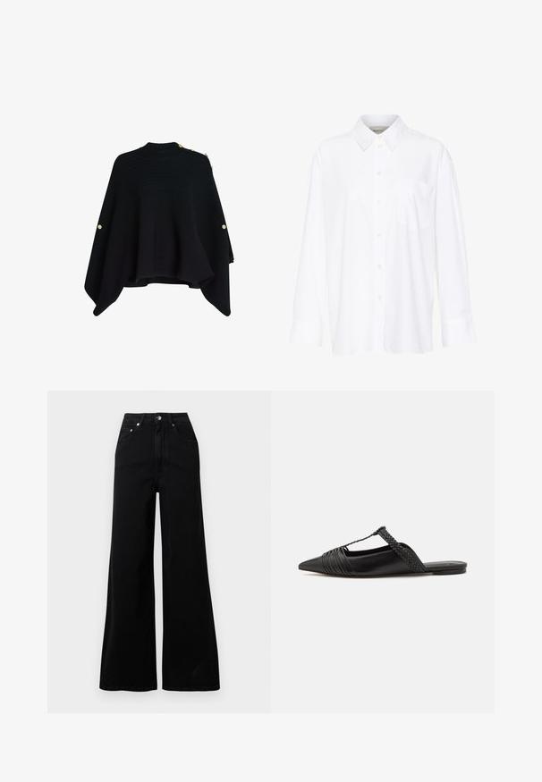 Černý pletený pončo s vysokým límcem, s trhujícími zlatými knoflíky na jednom rameni a rozšířeným, asymetrickým lemem.; Bílá košile s dlouhým rukávem a límečkem vyrobená z bavlny. Má knoflíkovou přední část a jedno kapsičku na prsou. Hladký povrch, volný střih.; Černé kalhoty s širokými nohavicemi z denimu, s vysokým pasem, pěti kapsami, zapínáním na přední knoflíky a minimálními šicimi detaily.; Černé kožené slingback boty se špičatou špičkou, s tkaným akcentem a plisovaným designem svršku. Plochá podešev s minimálním kovovým zapínáním.