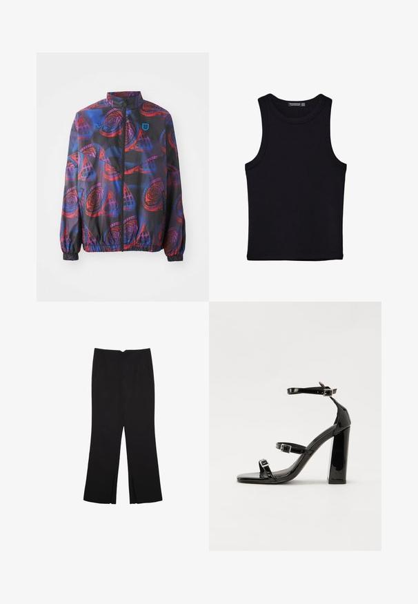 Lagani kaput s crnom podlogom, koji se ističe živahnim crvenim i plavim cvjetnim uzorkom. Ima visoki ovratnik, puni zip, te elastične rukave.; Crni top bez rukava od pamuka, s okruglim izrezom i širokim izrezima za ruke. Glatka tekstura s ušivenim rubovima. Klasičan, minimalistički dizajn.; Crne hlače ravnog kroja, s prednjim džepovima i bočnim prorezima na rubu. Izrađene od mekog i glatkog materijala. Pogodne za razne prigode.; Crne lakirane sandale na visoku petu s dva remena s kopčama, kvadratnim vrhom i masivnom blok petom, s glatkom, sjajnom teksturom.