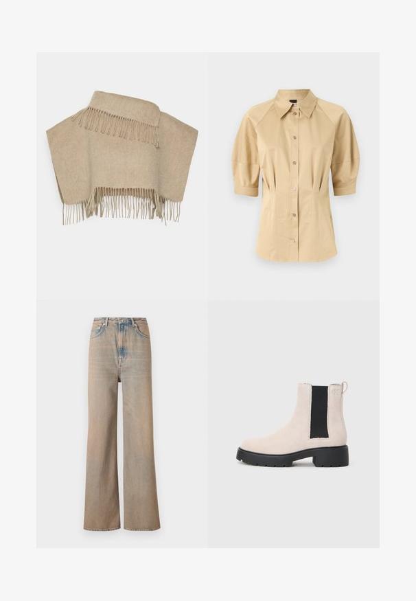 Beige uldponcho med frynser ved kanten, der har en simpel rektangulær form og en blød, tekstureret overflade.; Beige skjorte med knaplukning, korte puffærmer, spredt krave og sømdetaljer. Lavet af glat stof med frontknaplukning.; Lyse vaskede, vide ben jeans med høj talje, lavet af denim. Har diskret syninger og fem lommer, med en let falmet tekstur.; Beige ruskind Chelsea-støvle med sort elastisk sidepanel, chunky sort sål og hæftetap ved anklen.