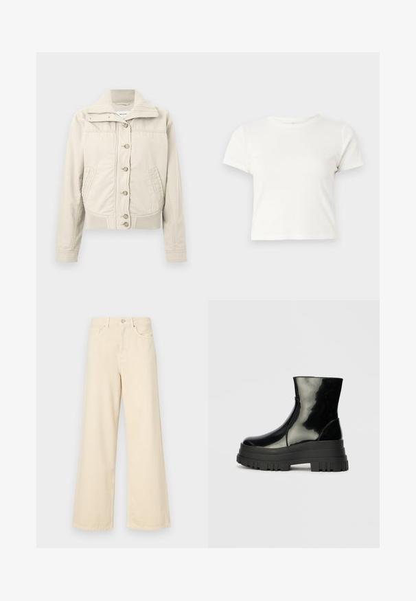 Casaco casual bege claro com fecho de botão, gola alta canelada, dois bolsos frontais, bainha canelada e mangas longas.; T-shirt branca curta feita de algodão, com mangas curtas, um decote redondo e uma bainha reta, apresentando uma textura suave e um design minimalista.; Jeans de perna larga bege feitos de algodão. Apresentam um fecho de botão, passadores para cinto e bolsos frontais com uma textura lisa e suave.; Bota de tornozelo preta e brilhante com sola grossa e arredondada, vista lateral sobre fundo cinza claro.
