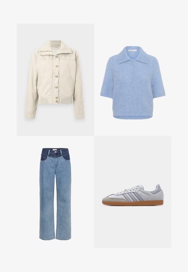 Šviesiai smėlinis kasdieniškas švarkas su sagų uždarymu, aukšta raibuota apykakle, dviem priekinių kišenėmis, raibuotu apačiu ir ilgomis rankovėmis.; Šviesiai mėlynas, trumpomis rankovėmis megztas viršus su apykakle ir penkių sagų užsegimu. Minkšta tekstūra, šiek tiek dėžutės formos siluetas ir raštas apatinėje dalyje.; Šviesiai mėlyni džinsai su plačiomis kojomis, aukštu liemeniu, penkiomis kišenėmis ir kontrastinga tamsiai mėlyna detalė priekyje.; Balti odiniai sportbačiai su šviesiai mėlynais akcentais, pilku zomšiniu priekiu ir rudu guminiu padu. Dėmėsi trys mėlynos juostelės ir "Samba" prekės ženklas.