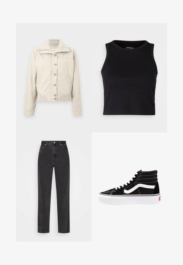 Jachetă casual bej deschis, cu închidere cu nasturi, guler înalt cu dungi, două buzunare frontale, tiv cu dungi și mâneci lungi.; Top scurt ribbed negru, cu decolteu rotund și fără mâneci. Fabricat dintr-un material moale și elastic, având margini finisate.; Jeans negri din denim, cu picioare drepte și talie înaltă, cu nasture și fermoar în față, și stil cu cinci buzunare, pe un fundal alb.; Tenisi negri cu glezna înaltă, cu șireturi albe, un logo alb și cusături albe contrastante. Prezintă o talpă groasă albă și un exterior din nubuc texturat.
