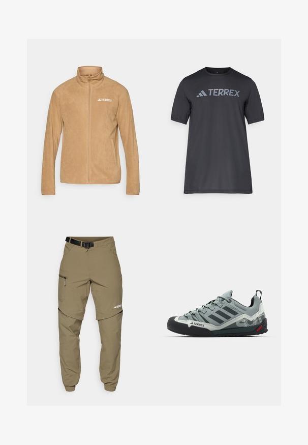 Giacca in pile beige con colletto alto, zip completa e due tasche laterali. Presenta un logo bianco "TERREX" sulla parte sinistra del petto. Texture morbida.; T-shirt nero a maniche corte realizzato in tessuto leggero, con il logo "TERREX" grigio chiaro sul petto e colletto tondo.; Pantaloni beige da esterno con cintura, tasche laterali con zip e polsini elastici. Presentano un design staccabile con zip per versatilità e una texture liscia.; Scarpe da arrampicata grigie con una tomaia strutturata, punta in gomma nera, tre strisce scure e un piccolo accento rosso sulla suola.